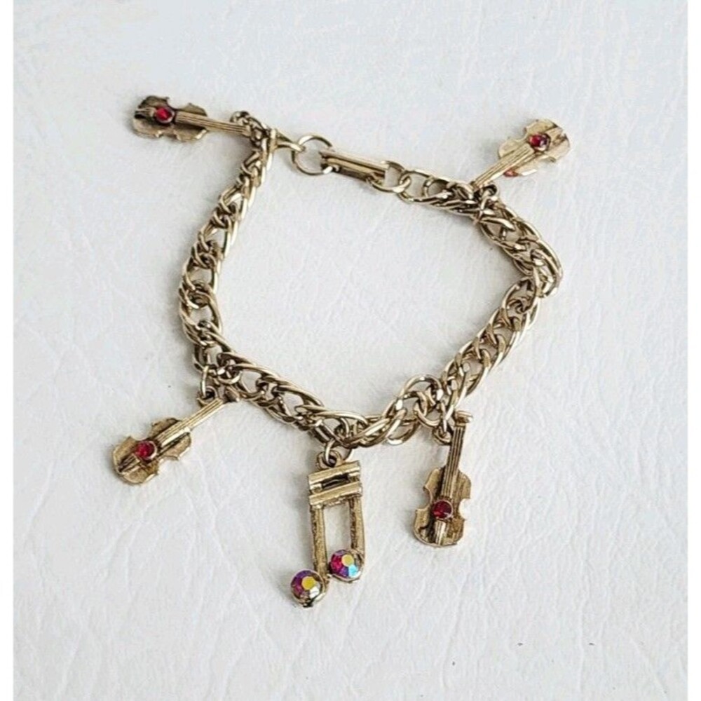 Vintage Musical Violin Instruments Charm Bracelet Gold Tone Rhinestone Notes 7"